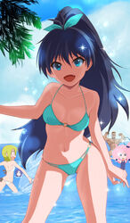  1boy 4girls :d aqua_bikini ass_visible_through_thighs beach bikini billy_herrington black_hair blonde_hair blue_eyes blue_ribbon collarbone commentary_request day gachimuchi ganaha_hibiki hair_ribbon halterneck high_ponytail highres hinata_yukari ichii_yui idolmaster idolmaster_(classic) long_hair looking_at_viewer multiple_girls navel o-ring o-ring_bikini ocean oerba_yun_fang open_mouth outdoors pink_hair ponytail real_life ribbon shinjou_kanae_(teekyuu) smile solo_focus sparkle string_bikini swimsuit taka_(takahirokun) teekyuu wading water white_bikini yuyushiki 