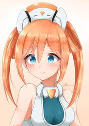  bad_id bad_pixiv_id bare_shoulders blue_eyes blush breasts cleavage closed_mouth female hair_ornament highleg highleg_leotard leotard long_hair medium_breasts neptune_(series) orange_background orange_hair orange_heart_(neptunia) power_symbol power_symbol-shaped_pupils rokuuso shin_jigen_game_neptune_vii shiny_skin simple_background smile solo symbol-shaped_pupils twintails upper_body 