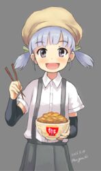  arm_warmers bad_id bad_pixiv_id blue_hair bowl chopsticks commentary_request dated female food gyuudon head_scarf highres kantai_collection karashi_(tou_gara_shi) meat ooshio_(kancolle) open_mouth ribbon school_uniform shirt short_hair short_sleeves short_twintails skirt solo suspenders twintails twitter_username white_shirt 