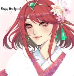  commentary_request earrings eyelashes female floral_print flower fur_collar gem hair_flower hair_ornament happy_new_year heart japanese_clothes jewelry kairiwhisper kimono lips looking_at_viewer new_year orange_eyes pink_background portrait pyra_(xenoblade) red_hair short_hair sidelocks signature smile solo tiara xenoblade_chronicles_(series) xenoblade_chronicles_2 