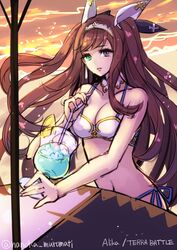  alika_(terra_battle) aoi_(kirabosi105) bare_shoulders bikini brown_hair commentary_request drinking_straw female green_eyes hair_ribbon heterochromia navel purple_eyes ribbon solo sunset swimsuit terra_battle 