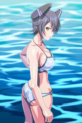  ass bikini breasts commentary_request eyepatch female headgear kantai_collection large_breasts lips monteriakitto official_alternate_costume purple_hair short_hair solo strap_gap swimsuit tenryuu_(kancolle) tenryuu_(swimsuit_mode)_(kancolle) water yellow_eyes 