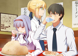  1boy 2girls artoria_pendragon_(fate) black_hair blonde_hair blue_hair blue_ribbon commentary_request crossover drinking dumpling eating fate/stay_night fate_(series) food fried_rice green_eyes hair_ribbon highres holding idolmaster idolmaster_(classic) idolmaster_cinderella_girls indoors jiaozi long_hair multiple_girls producer_(idolmaster) producer_(idolmaster_cinderella_girls_anime) red_eyes ribbon saber_(fate) shijou_takane short_hair spoon taka_(takahirokun) the_rolling_girls water 