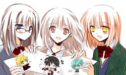  3boys 3girls ahoge black_eyes blonde_hair blue_eyes blue_hair blush brown_eyes brown_hair character_request copyright_request fan fate/prototype fate_(series) glasses green_eyes grey_hair heart jacket mikaze_ai multiple_boys multiple_girls nanami_haruka necktie one_eye_closed open_mouth orange_hair pants ponytail ribbon saber_(fate/prototype) sajou_ayaka school_uniform short_hair simple_background uta_no_prince-sama wink yellow_eyes 