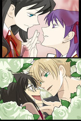  3girls black_eyes black_hair blonde_hair fate/prototype fate_(series) flower glasses gradient gradient_background green_eyes hair_ornament long_hair matou_sakura multiple_girls open_mouth ouran_high_school_host_club parody purple_eyes purple_hair ribbon rose saber_(fate/prototype) sajou_ayaka school_uniform short_hair sisters smile tohsaka_rin twintails 