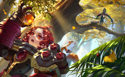  2girls animal branch breasts bug c_home character_request cleavage commentary_request copyright_request holding holding_sword holding_weapon ladybug large_breasts long_hair looking_at_another looking_away multiple_girls photoshop_(medium) red_eyes red_hair short_hair squatting squirrel sword tree weapon white_hair 