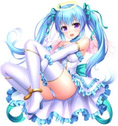  :d angel angel_wings anklet aqua_bow aqua_ribbon armpits ass awakening_(sennen_sensou_aigis) bare_shoulders blue_hair blush boots bow cameltoe commentary_request criss-cross_halter cross-laced_clothes dress elbow_gloves female frilled_dress frills from_side full_body gloves hair_between_eyes hair_ribbon halo halterneck happy high_heel_boots high_heels hugging_own_legs impossible_clothes impossible_dress jewelry knees_up lambda_(kusowarota) long_hair looking_at_viewer mini_wings miruno_(sennen_sensou_aigis) open_mouth outstretched_arm panties pantyshot purple_eyes ribbon sennen_sensou_aigis simple_background sitting smile solo thigh_boots thighhighs thighs twintails underwear v very_long_hair white_background white_dress white_footwear white_gloves white_panties white_thighhighs wings 