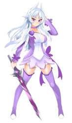  boots breasts brooch choker commentary_request cosplay cure_sword cure_sword_(cosplay) dokidoki!_precure female full_body heart heart_brooch hevn horns jewelry large_breasts long_hair original photoshop_(medium) precure purple_arm_warmers purple_choker purple_eyes purple_footwear purple_skirt purple_thighhighs simple_background skirt solo sword thighhighs weapon white_background white_hair 