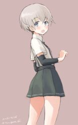  asashio_(kancolle) asashio_(kancolle)_(cosplay) ass bad_id bad_pixiv_id blue_eyes commentary_request cosplay dated female grey_hair highres kantai_collection karashi_(tou_gara_shi) looking_back open_mouth shirt short_hair short_sleeves skirt solo suspenders twitter_username white_shirt z1_leberecht_maass_(kancolle) 