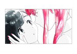  2others absurdres androgynous black_eyes black_hair colored_eyelashes colored_skin commentary_request crystal_hair face-to-face hand_on_another&#039;s_face highres houseki_no_kuni looking_at_another multiple_others obsidian_(houseki_no_kuni) other_focus red_beryl_(houseki_no_kuni) red_eyes red_hair shibaarata_(bat4763) white_skin 