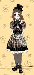  blush brown_hair carol_(skullgirls) gothic_lolita lolita_fashion painwheel_(skullgirls) red_eyes shoes skullgirls solo stitches top_hat xuunies 