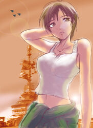  ace_combat ace_combat_5 aircraft airplane bad_id bad_pixiv_id black_hair brown_eyes clothes_around_waist commentary_request evening female fighter_jet jacket jacket_around_waist jet kei_nagase midriff military military_vehicle navel short_hair sig_(sotokanda_delta_force) solo tank_top 