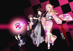  2017 2boys :d ahoge akamatsu_kaede aokiku aqua_kimono bangs blonde_hair bow brown_eyes brown_hair checkered checkered_background closed_umbrella danganronpa female floating_hair floral_print flower full_body green_kimono grey_hakama hair_flower hair_ornament hairbow hakama haori hinata_hajime holding holding_umbrella japanese_clothes kimono long_hair long_sleeves monokuma monomi_(danganronpa) multiple_boys naegi_makoto obi open_mouth oriental_umbrella parted_bangs pink_kimono print_kimono purple_eyes red_bow red_umbrella sash smile spiked_hair striped umbrella vertical_stripes white_flower white_legwear yukata 