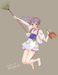  akebono_(kancolle) akebono_(new_year_mode)_(kancolle) apron bad_id bad_pixiv_id barefoot broom commentary_request dated dustpan female floral_print flower full_body hair_flower hair_ornament highres holding holding_dustpan japanese_clothes jumping kantai_collection karashi_(tou_gara_shi) kimono long_hair maid official_alternate_costume purple_eyes purple_hair short_kimono side_ponytail signature simple_background solo tasuki twitter_username very_long_hair wa_maid 