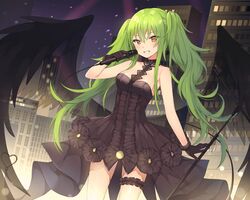  bad_id bad_twitter_id bare_shoulders black_dress black_footwear black_gloves black_legwear blush boots bow breasts bridal_garter canape_(canape0130) cityscape collarbone commentary_request dress dress_bow female floating_hair girls&#039;_frontline gloves green_hair grin hair_between_eyes halter_dress halterneck holding holding_microphone korean_commentary long_hair looking_away m950a_(concert_diva!)_(girls&#039;_frontline) m950a_(girls&#039;_frontline) medium_breasts messy_hair microphone microphone_stand music night official_alternate_costume parted_lips see-through sidelocks skindentation smile solo standing teeth thighs twintails wind wind_lift wings yellow_eyes 