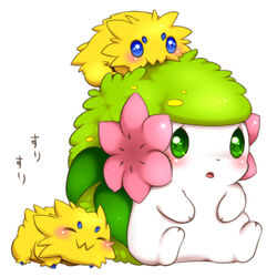  1:1 aimia492 ambiguous_gender back_plant back_shrub blush carrying_another daww digital_media_(artwork) elemental_creature feral flora_fauna flower flower_(anatomy) generation_4_pokemon generation_5_pokemon group head_flower joltik land_forme_shaymin legendary_pokemon low_res nintendo on_head plant pokemon pokemon_(species) shaded shaymin simple_background trio 