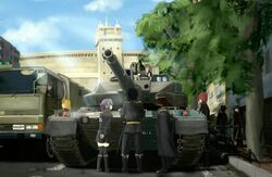  2boys 6+boys black_footwear black_hair blonde_hair boots caterpillar_tracks cloud commentary_request day female fusou_(fuso0205) hair_ribbon highres knee_boots military military_truck military_uniform military_vehicle motor_vehicle multiple_boys owari_no_seraph ribbon skirt sky tank tree truck type_10_(tank) uniform 