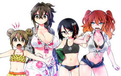  4girls ann_blyth bad_link bell bikini black_bikini black_eyes black_hair blue_eyes blush breasts brown_eyes brown_hair cleavage clothes_writing cutoffs denim denim_shorts flat_chest food front-tie_top fruit glasses hair_bell hair_ornament hair_ribbon highres jacket jingle_bell kagami_ryouko kanayama_nao large_breasts long_hair looking_at_viewer multiple_girls navel o-ring o-ring_top oerba_yun_fang open_fly open_mouth original outstretched_arms protected_link red_hair ribbon sarong sasashigure_miyo shirt short_hair short_shorts shorts side-tie_bikini_bottom simple_background skindentation swimsuit tied_shirt twintails unzipped watermelon white_background yoshida_hideyuki 