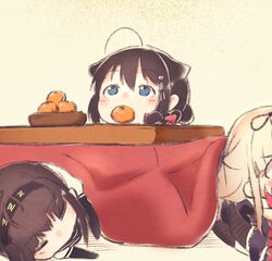  ahoge black_hair blonde_hair blue_eyes blush bow bowl braid brown_hair chibi closed_eyes commentary_request food fruit gloves hair_flaps hair_ornament hatsuzuki_(kancolle) headband kantai_collection koppa_mijinko_(series2023) kotatsu long_hair lying multiple_girls orange_(fruit) shigure_(kancolle) shigure_kai_ni_(kancolle) short_hair simple_background single_braid sitting sleeping table yellow_background yuudachi_(kancolle) yuudachi_kai_ni_(kancolle) 