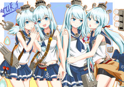  4girls :d absurdres bare_shoulders bike_shorts blue_eyes blue_hair commentary_request contrapposto cowboy_shot fubuki_(warship_girls_r) gatari hair_ribbon hatsuyuki_(warship_girls_r) headgear highres holding_hands interlocked_fingers japanese_clothes long_hair looking_at_another looking_at_viewer low_twintails miyuki_(warship_girls_r) multiple_girls neckerchief one_eye_closed open_mouth photoshop_(medium) ribbon school_uniform shirayuki_(warship_girls_r) smile standing twintails very_long_hair warship_girls_r wide_sleeves 