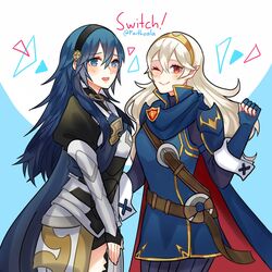  2girls absurdres armor armored_dress blue_cape blue_eyes blue_hair blush cape commentary commission corrin_(female)_(fire_emblem) corrin_(female)_(fire_emblem)_(cosplay) corrin_(fire_emblem) cosplay costume_switch english_commentary faithoala fingerless_gloves fire_emblem fire_emblem_awakening fire_emblem_fates fire_emblem_heroes fire_emblem_warriors gloves hair_between_eyes hair_ornament hairband highres long_hair looking_at_viewer lucina_(fire_emblem) lucina_(fire_emblem)_(cosplay) multiple_girls one_eye_closed pointy_ears protected_link red_eyes ribbed_sweater smile sweater thighhighs tiara twitter_username white_hair 