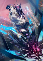  1047 black_footwear black_hair blue_eyes blue_hair boots building cannon city city_lights cityscape collared_shirt commentary_request dutch_angle expressionless female fractal looking_at_viewer machinery mecha_musume original pleated_skirt school_uniform shirt short_hair skirt skyscraper thigh_boots thighhighs white_shirt zettai_ryouiki 