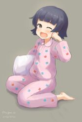  animal_print arare_(kancolle) bad_id bad_pixiv_id barefoot black_hair brown_eyes cat_print commentary_request dated female highres kantai_collection karashi_(tou_gara_shi) multicolored_clothes multicolored_pajamas one_eye_closed open_mouth pajamas pillow print_pajamas short_hair signature sitting sleepy solo twitter_username wariza 