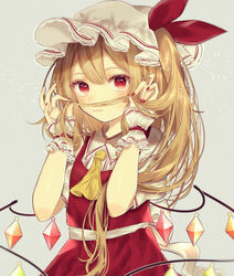  :3 ascot blonde_hair closed_mouth commentary_request cowboy_shot crystal fake_facial_hair fake_mustache female fingernails flandre_scarlet grey_background hair_mustache hands_up hat hat_ribbon highres holding holding_own_hair long_hair looking_at_viewer mob_cap nail_polish one_side_up playing_with_hair playing_with_own_hair pointy_ears puffy_short_sleeves puffy_sleeves red_eyes red_ribbon red_skirt red_vest ribbon short_sleeves simple_background skirt skirt_set smile solo touhou vest white_hat wings wrist_cuffs yellow_ascot youtan 