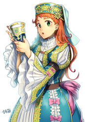  brown_hair cup drinking_glass earrings female flat_cap frills green_eyes hat highres holding jewelry juliet_sleeves long_hair long_sleeves looking_at_viewer nail_polish open_mouth original puffy_sleeves raito_(latek) traditional_dress white_background wine_glass 