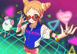  +_+ ;q aikatsu! aikatsu!_(series) arisugawa_otome bracelet brown_eyes commentary_request cone_hair_bun drill_hair female glasses hair_bun heart heart-shaped_eyewear jewelry linaria_(ookinahitomi) mouse_(animal) nail_polish necklace one_eye_closed orange_hair photoshop_(medium) polka_dot red-framed_eyewear ring shorts solo text_focus tongue tongue_out triangle twin_drills 