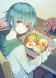  androgynous blue_hair blush chair commentary_request cup egg_(food) food fried_egg gender_request highres kuroyuki looking_at_viewer md5_mismatch original plant plate potted_plant resolution_mismatch sausage short_hair sitting smile source_smaller table yellow_eyes 