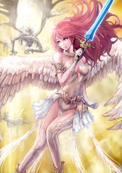  angel angel_wings bad_id bad_pixiv_id bare_shoulders breasts burunuu_(bullnukko) collar female gloves green_eyes long_hair medium_breasts original red_hair solo sword weapon wings 