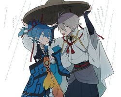  1boy 1other androgynous blue_eyes blue_hair commentary_request grey_hair hakama hakama_skirt hands_up hat holding holding_clothes holding_hat ichimegasa improvised_umbrella japanese_clothes katsugeki/touken_ranbu kesa kimono open_mouth ponytail rain saniwa_(katsugeki/touken_ranbu) saniwa_(touken_ranbu) sayo_samonji shared_hat short_hair simple_background skirt tomatoma_(10mato_ma10) touken_ranbu translated unworn_hat unworn_headwear white_background white_kimono yellow_eyes 