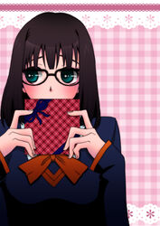  aqua_eyes black_hair blush breasts fate/prototype fate_(series) female gift glasses plaid_background present ribbon sajou_ayaka school_uniform short_hair solo 