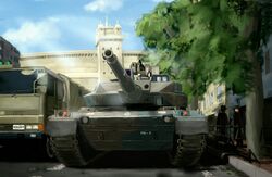  2boys caterpillar_tracks cloud commentary_request day fusou_(fuso0205) highres military military_truck military_uniform military_vehicle motor_vehicle multiple_boys owari_no_seraph sky tank tree truck type_10_(tank) uniform 