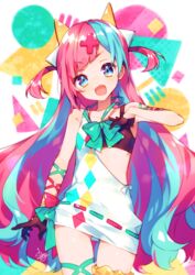  :d bare_shoulders black_gloves blue_eyes blue_hair bow bowtie commentary_request female gloves green_bow green_bowtie hair_ornament highres long_hair looking_at_viewer multicolored_hair open_mouth pink_hair pinky_pop_hepburn shimogu signature smile the_moon_studio thigh_scrunchie two-tone_hair very_long_hair virtual_youtuber x_hair_ornament 