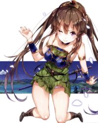  ;) absurdres arm_support armlet armor boots breastplate brown_hair choker circlet clothes_lift dress dress_lift elf female foreshortening green_skirt hair_between_eyes highres long_hair myucel_foalan one_eye_closed outbreak_company panties pink_panties pointy_ears purple_eyes scan skirt smile solo sword twintails underwear very_long_hair weapon yuugen 