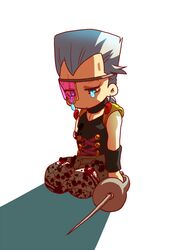  1boy amputee aqua_eyes bad_id bad_pixiv_id bandaged_leg bandages blood blood_stain crying eyepatch flattop full_body grey_hair holding holding_sword holding_weapon jean_pierre_polnareff jojo_no_kimyou_na_bouken koma_saburou looking_down male_focus rapier shadow sitting solo streaming_tears sword tears triple_amputee vento_aureo weapon wristband 