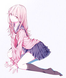  between_legs black_socks blue_skirt cardigan closed_mouth commentary_request female full_body hair_between_eyes hand_between_legs kneehighs light_smile long_hair looking_at_viewer neckerchief original pink_eyes pink_hair pleated_skirt red_neckerchief school_uniform serafuku shadow shimano sidelocks sitting skirt smile socks solo thighs wariza 