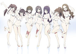  6+girls bad_id bad_pixiv_id bikini black_eyes black_hair breasts brown_eyes brown_hair cleavage hair_bobbles hair_ornament hayashida_airi high_heels hisami_nanami hjl katayama_minami kikuma_kaya long_hair looking_at_viewer medium_breasts multiple_girls nanase_yoshino navel okamoto_miyu open_mouth photoshop_(medium) ponytail purple_hair shimada_mayu short_hair side-tie_bikini_bottom small_breasts smile swimsuit twintails wake_up_girls! white_bikini 