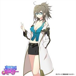  ahoge blue-framed_eyewear blue_eyes breasts brown_eyes choker cleavage coat commentary_request female glasses hand_in_pocket mami_(apsaras) medium_breasts midriff navel off_shoulder original pencil_skirt ponytail semi-rimless_eyewear skirt smile solo under-rim_eyewear vest 