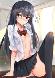  black_hair black_skirt black_thighhighs blush bow bowtie breasts collarbone commentary_request embarrassed female flying_sweatdrops hair_between_eyes highres indoors knee_up long_hair looking_away looking_to_the_side muoto navel no_bra on_table open_clothes open_shirt original panties pleated_skirt purple_eyes red_bow red_bowtie sitting skirt sleeves_rolled_up small_breasts solo table thighhighs underwear white_panties 