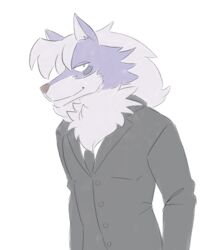  anthro avoid_posting black_clothing black_necktie brown_eyes canid canine canis clothing doopcity dress_shirt hi_res male mammal necktie shirt simple_background solo suit topwear white_background white_clothing white_shirt white_topwear wolf 