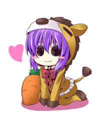  animal_costume blush_stickers carrot chibi commentary_request female heart horse_costume ichimi nagae_iku photoshop_(medium) purple_hair simple_background smile solid_circle_eyes solo touhou 