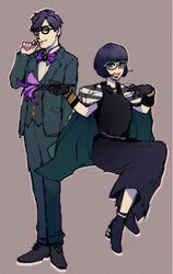  1boy bad_id bad_pixiv_id black_gloves black_hair bob_cut bow bowtie brown_background commentary_request disneyland female formal full_body gloves green_suit invisible_chair looking_at_viewer microphone mr._polite ms._vila recruiters_(disney) sagemaru-br simple_background sitting suit 