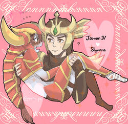  1boy ? armor blush brown_eyes brown_hair carrying commentary_request female flying_sweatdrops headgear heart jarvan_iv_(league_of_legends) league_of_legends long_hair open_mouth otani_(kota12ro08) pink_background princess_carry red_hair shyvana sweatdrop 