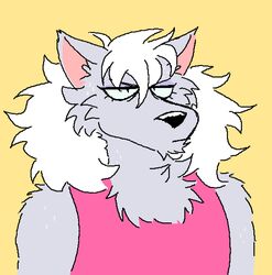  ambiguous_gender anthro avoid_posting bad_hair_day canid canine canis clothing doopcity hair mammal pink_clothing pink_shirt pink_topwear pretty_cure reaction_image shirt simple_background solo tank_top topwear white_hair wolf wolfrun yellow_background 