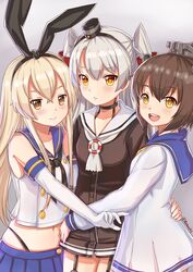  3girls amatsukaze_(kancolle) black_panties blonde_hair brown_hair choker commentary_request dress elbow_gloves eyebrows girl_sandwich gloves hair_between_eyes hair_tubes hairband hat headgear kantai_collection kelinch1 kerchief lifebuoy light_smile long_hair long_sleeves looking_at_viewer mini_hat multiple_girls neckerchief open_mouth panties pleated_skirt sailor_collar sailor_dress sandwiched school_uniform serafuku shimakaze_(kancolle) short_hair side-tie_panties skirt swim_ring two_side_up underwear white_gloves white_hair yellow_eyes yukikaze_(kancolle) 