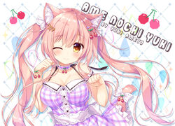  ;) ameto_yuki animal_ear_fluff animal_ears bare_shoulders blush breasts brown_eyes cat_ears cat_girl cat_tail cherry_hair_ornament choker cleavage closed_mouth commentary_request dress female food-themed_hair_ornament hair_between_eyes hair_ornament hands_up head_tilt heart long_hair looking_at_viewer macaron_(ameto_yuki) medium_breasts one_eye_closed original paw_pose pink_hair plaid plaid_dress purple_choker purple_dress smile solo sparkle tail twintails very_long_hair water_drop 