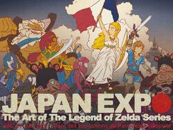  aonuma_eiji blonde_hair bow_(weapon) castle champion&#039;s_tunic_(zelda) daruk dated dress fine_art_parody fish_girl french_flag french_text goron guardian_(zelda) hyrule_castle jewelry liberty_leading_the_people link long_hair master_sword mipha monster_girl multiple_boys multiple_girls nintendo official_art parody pointy_ears princess_zelda revali rito sandals sword text_focus the_legend_of_zelda the_legend_of_zelda:_breath_of_the_wild urbosa weapon white_dress zora 